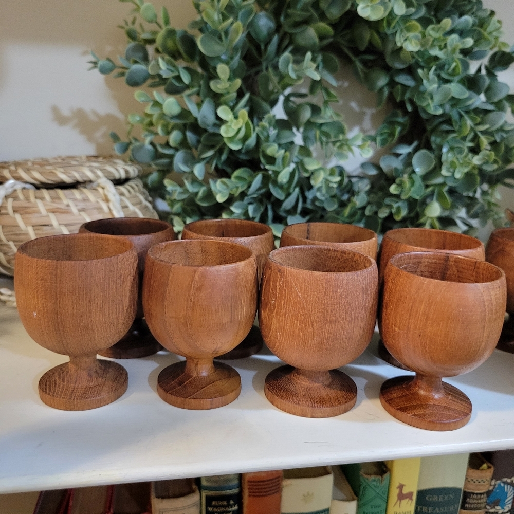 Set 8 MCM Turned Wood Whittlers Cordial Goblet Shot Glasses